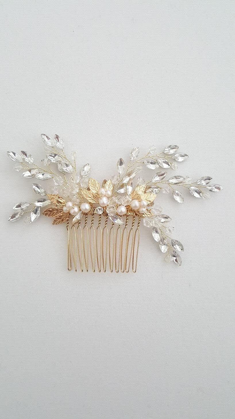 Bridal Hair Comb Freshwater Pearl, Gold Crystal Wedding Hair Comb, Silver Crystal Hair Comb, Wedding Headpiece, Gold Leaf Hairpiece - metal comb, wire, clear crystals, freshwater pearls, rhinestones, metal leaves