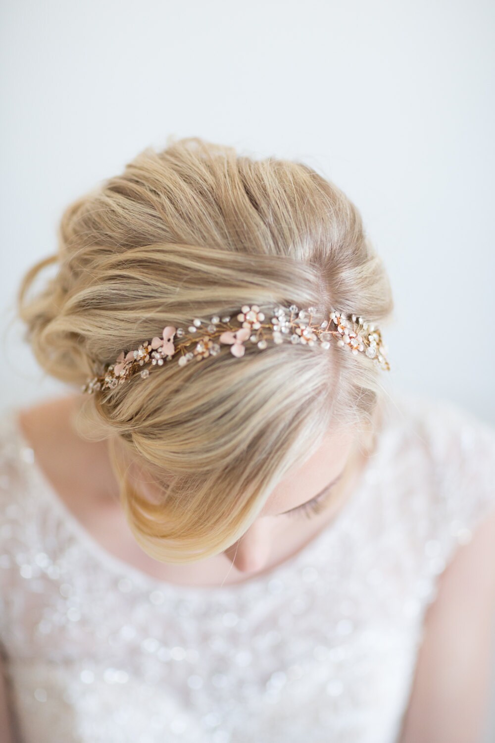 Bridal Hair Vine, Gold Floral Headpiece, Wedding Hair Vine, Boho Wedding Headpiece, Wedding Gold Headband - double faced ribbon, freshwater pearls, rhinestones, wire, metal components, crystals, faux pearls