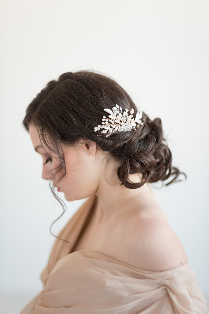 Gold Pearl Wedding Hair Comb, Silver Freshwater Pearl Headpiece, White Opal Crystal Hair Comb, Gold Leaf Bridal Hair Accessory - wire, metal comb, metal leaves, freshwater pearls, crystals, rhinestones