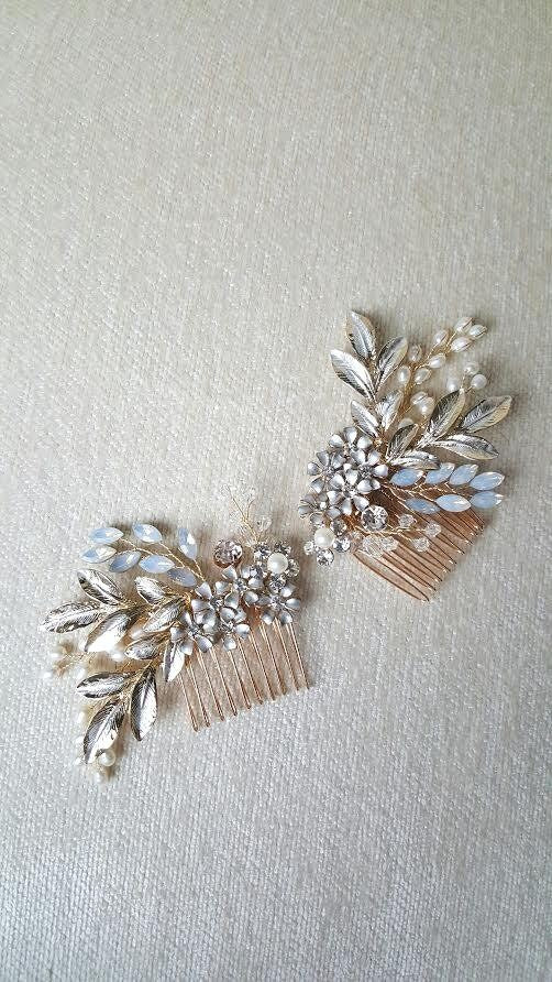 Gold Bridal Hair Comb, Bridal Back Comb, Wedding Silver Headpiece, White Opal Pearl Comb, Freshwater Pearl Hairpiece - wire, metal comb, metal leaves, freshwater pearls, crystals, rhinestones