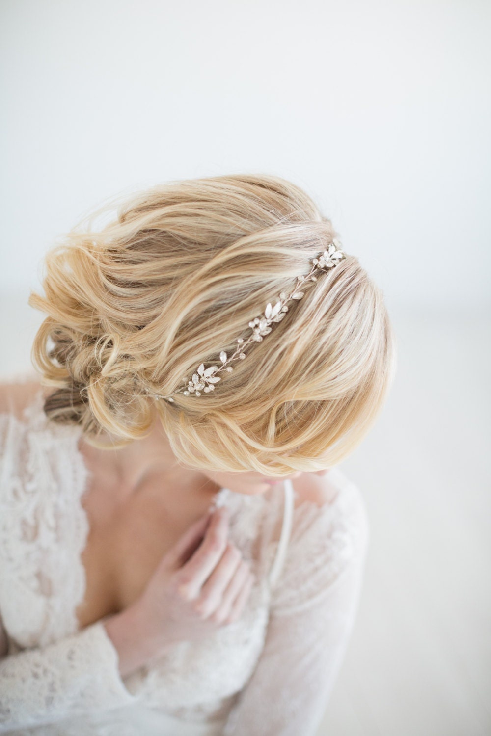 Wedding Hair Vine, Bridal Headpiece, Silver Bridal Headband, Wedding Hairpiece, Crystal Hair Vine For Bride - wire, crystal rhinestones, metal leaves, double sided ribbon