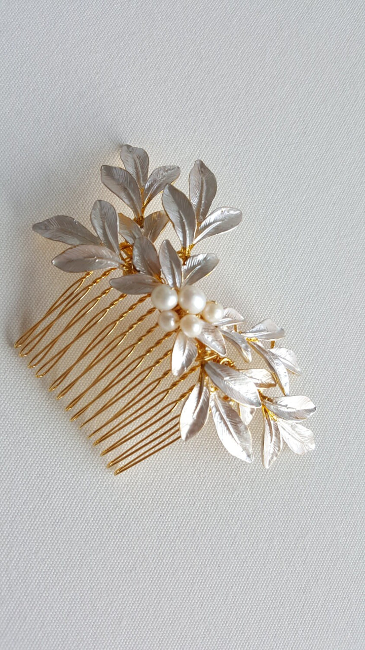 Gold Leaf Hair Comb, Bridal Hair Comb, Gold Wedding Headpiece, Silver Pearl Hair Comb, Olive Branch Hair Comb - wire, metal comb, metal leaves, freshwater pearls