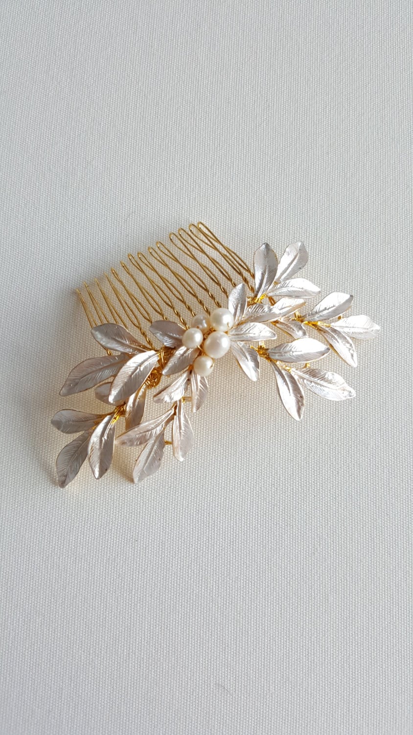 Gold Leaf Hair Comb, Bridal Hair Comb, Gold Wedding Headpiece, Silver Pearl Hair Comb, Olive Branch Hair Comb - wire, metal comb, metal leaves, freshwater pearls