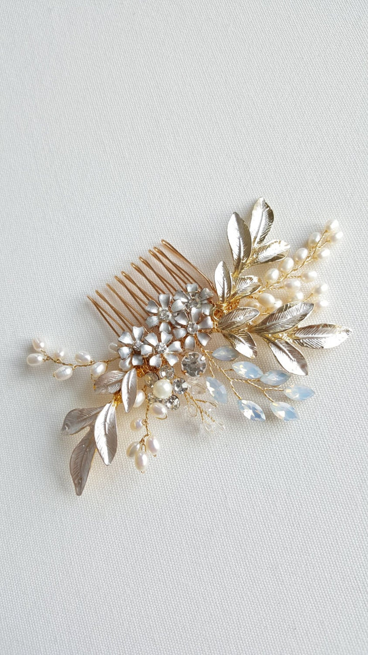 Gold Pearl Wedding Hair Comb, Silver Freshwater Pearl Headpiece, White Opal Crystal Hair Comb, Gold Leaf Bridal Hair Accessory - wire, metal comb, metal leaves, freshwater pearls, crystals, rhinestones