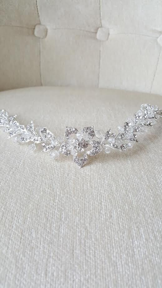 Wedding Silver Headpiece, Bridal Headpiece, Bridal Hairpiece, Silver Crystal Headband, Bridal Hair Comb, Wedding Tiara - wire, crystal rhinestones, metal leaves, crystals, metal combs