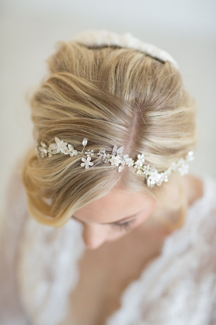 Wedding Floral Hair Vine, Silver Wedding Hair Vine, Gold Bridal Headpiece, Boho Headpiece, Bridal Hairpiece, Floral Wedding Hair Accessory - wire, crystal rhinestones, double sided ribbon, crystals, freshwater pearls, shell flowers, metal components, metal flowers, metal leaves