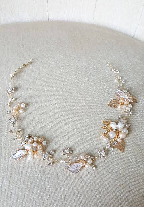 Wedding Pearl Hair Vine, Freshwater Pearl Bridal Headpiece, Real Pearl Bridal Hair Vine, Pearl Hair Vine For Bride - wire, crystal rhinestones, double sided ribbon, crystals, freshwater pearls, metal components