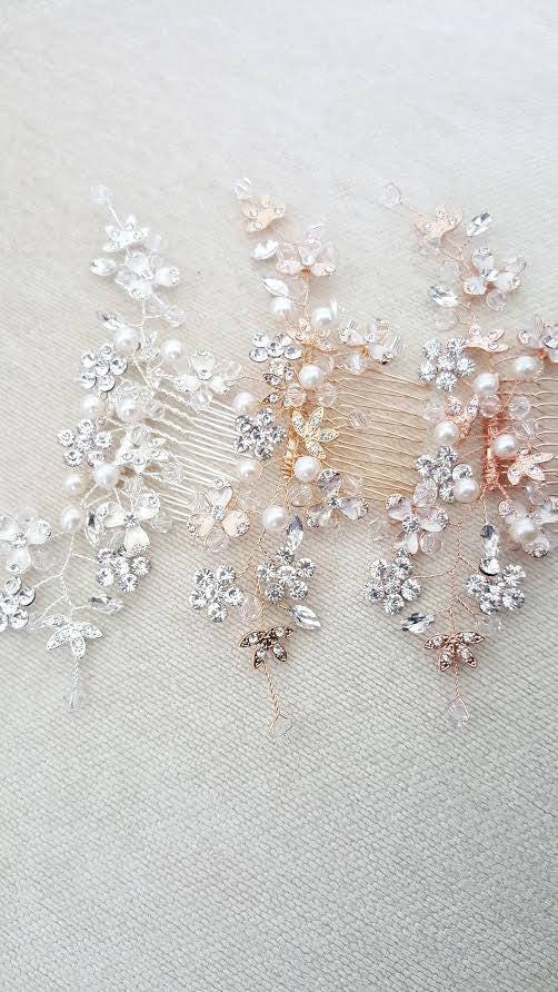 Pearl Bridal Hair Comb, Pearl and Crystal Comb For Bride, Rose Gold Wedding Hair Comb, Silver Wedding Comb - freshwater pearls, crystals, rhinestones, wire, metal comb, enameled flowers