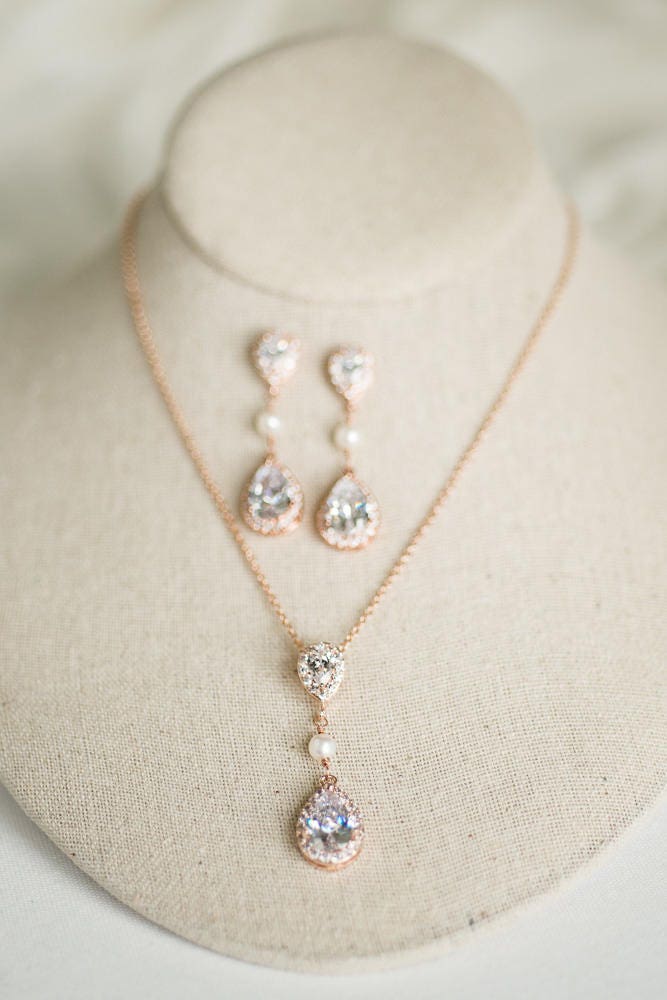 Rose Gold Bridal Jewelry Set, CZ Bridal Earrings, Wedding Jewelry, Bridal Necklace & Earrings - cubic zirconia stones, base metal chain, freshwater pearls