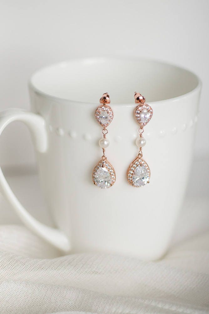 Rose Gold Bridal Jewelry Set, CZ Bridal Earrings, Wedding Jewelry, Bridal Necklace & Earrings - cubic zirconia stones, base metal chain, freshwater pearls