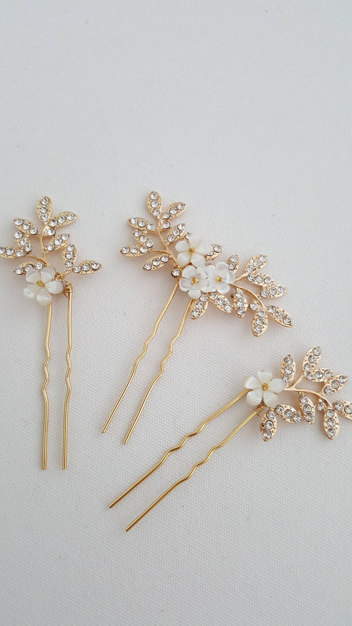 Wedding Hair Pins Gold Floral, Rose Gold Floral Bridal Hair Pins, Silver Crystal Flower Hair Pins For The Bride - metal hair pin, wire, metal leaves, mother of pearl flowers, rhinestones, seed beads