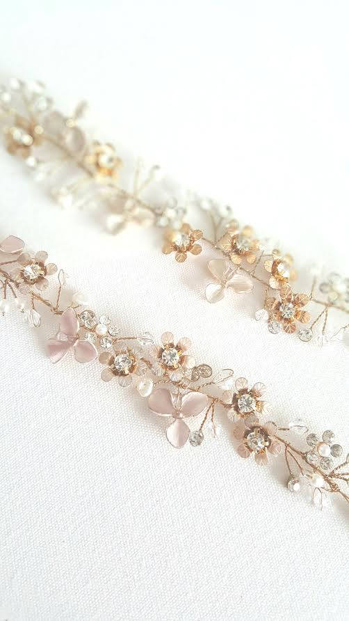 Bridal Hair Vine, Gold Floral Headpiece, Wedding Hair Vine, Boho Wedding Headpiece, Wedding Gold Headband - double faced ribbon, freshwater pearls, rhinestones, wire, metal components, crystals, faux pearls