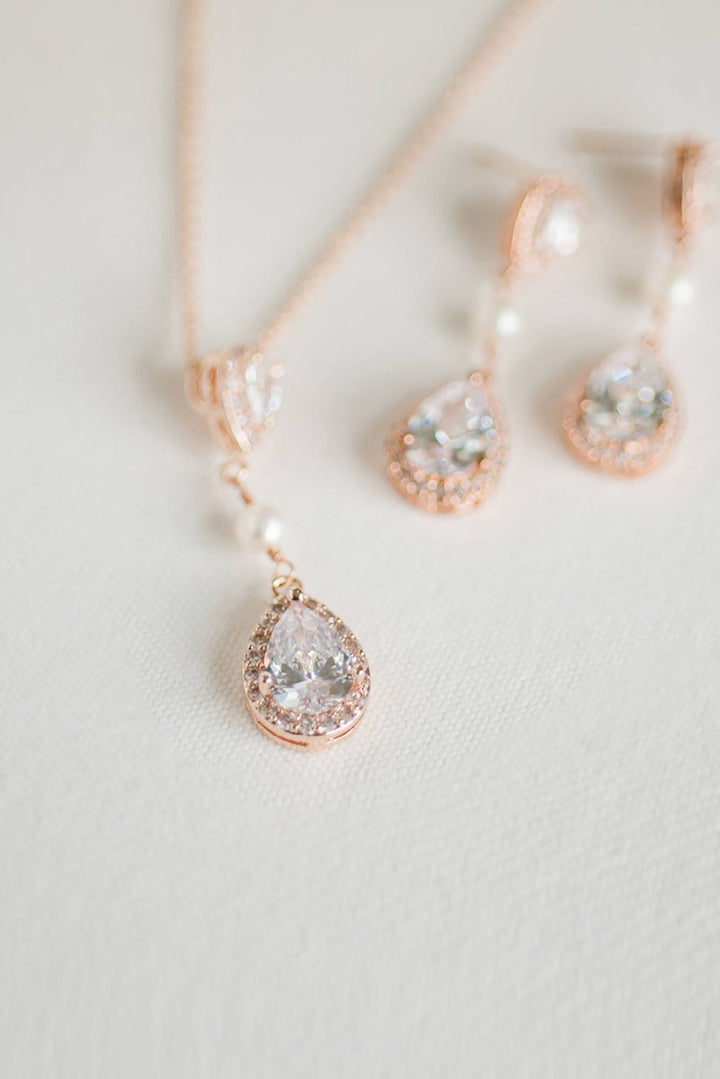 Rose Gold Bridal Jewelry Set, CZ Bridal Earrings, Wedding Jewelry, Bridal Necklace & Earrings - cubic zirconia stones, base metal chain, freshwater pearls