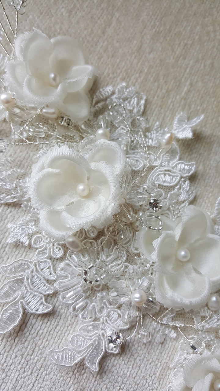 Wedding Lace Headpiece, Pearl Beaded Lace Vine, Wedding Headpiece, Floral Wedding Hair Accessory - beaded lace, silver wire, crystals, silk petals, rhinestones, freshwater pearls, faux pearls