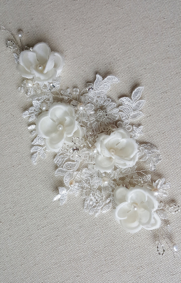 Wedding Lace Headpiece, Pearl Beaded Lace Vine, Wedding Headpiece, Floral Wedding Hair Accessory - beaded lace, silver wire, crystals, silk petals, rhinestones, freshwater pearls, faux pearls