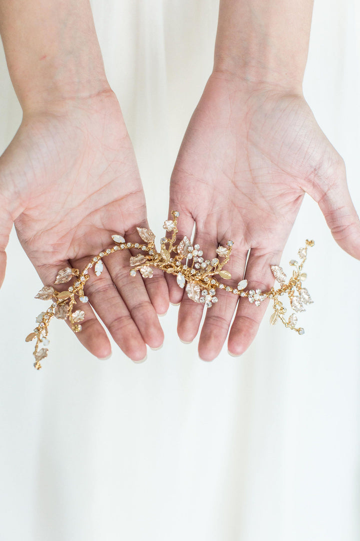 Gold Bridal Headpiece, Wedding Vine Hair Clip, Bridal Crystal Headpiece, Gold Wedding Hair Vine, Gold Twig Headpiece - crystal rhinestones, gold metal settings, alligator clip, wire, faux pearls