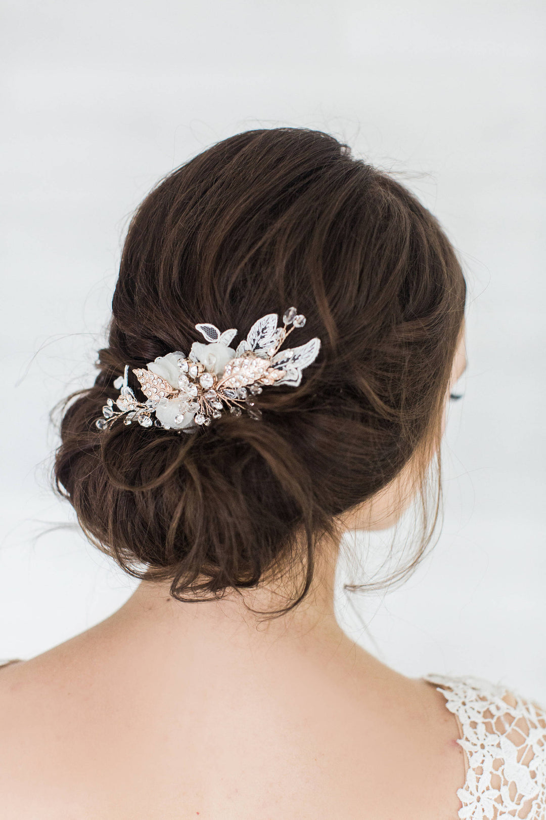 Bridal Hair Comb, Silk Flower Wedding Hair Comb, Lace & Crystal Floral Hair Comb, Bohemian Bridal Comb - crystals, rhinestones, wire, metal comb, metal leaves, corded lace