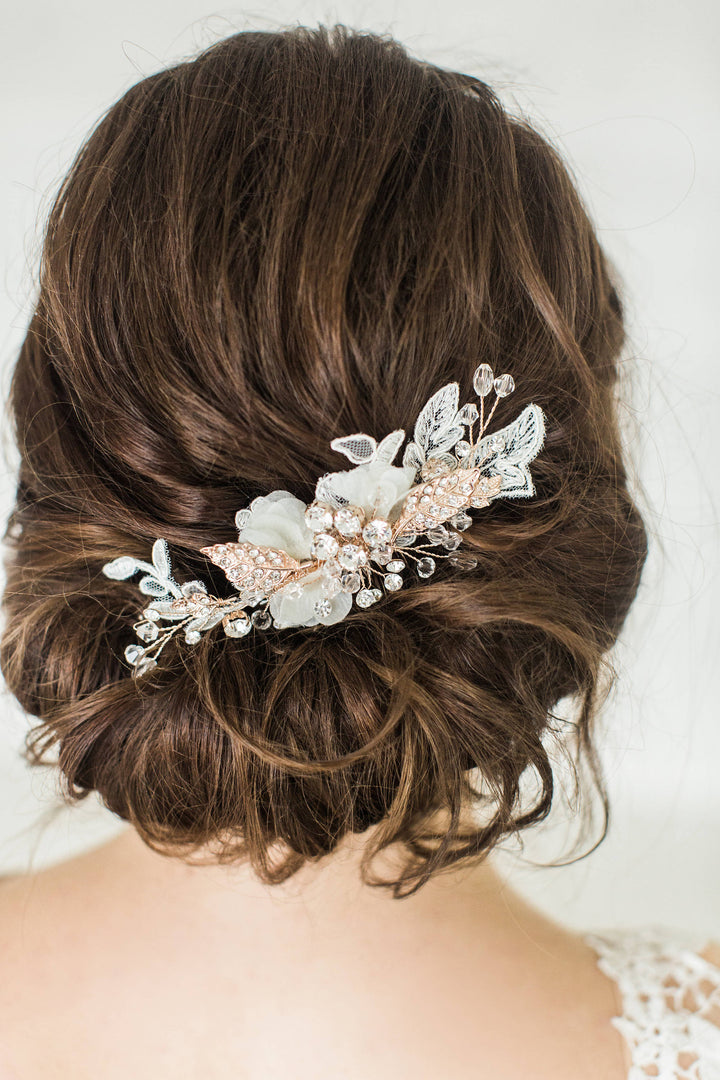 Bridal Hair Comb, Silk Flower Wedding Hair Comb, Lace & Crystal Floral Hair Comb, Bohemian Bridal Comb - crystals, rhinestones, wire, metal comb, metal leaves, corded lace