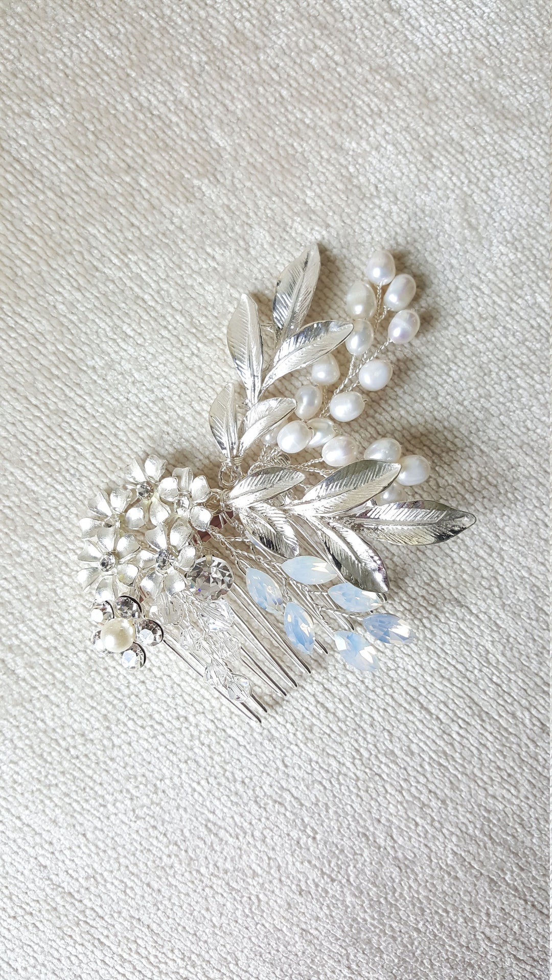 Gold Bridal Hair Comb, Bridal Back Comb, Wedding Silver Headpiece, White Opal Pearl Comb, Freshwater Pearl Hairpiece - wire, metal comb, metal leaves, freshwater pearls, crystals, rhinestones