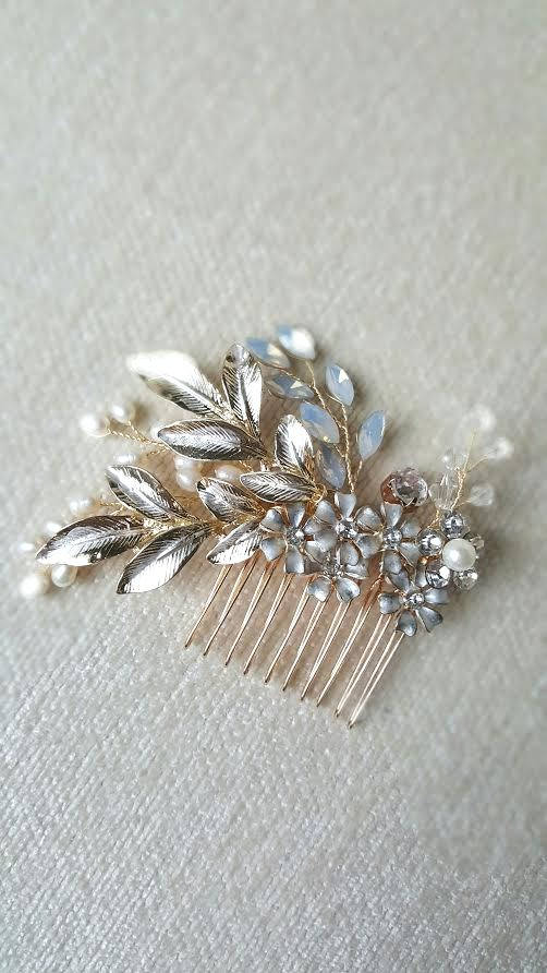 Gold Bridal Hair Comb, Bridal Back Comb, Wedding Silver Headpiece, White Opal Pearl Comb, Freshwater Pearl Hairpiece - wire, metal comb, metal leaves, freshwater pearls, crystals, rhinestones