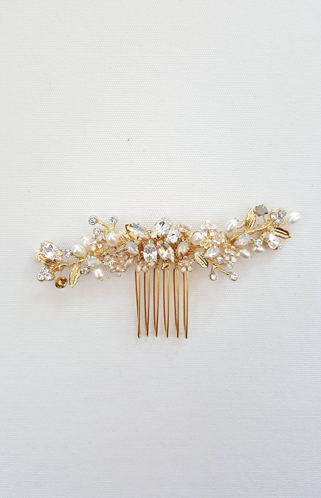 Gold Wedding Hair Comb, Gold White Opal Hair Comb, Wedding Hair Comb, Bridal Hair Pin, Pearl White Opal Bridal Hair Accessory - 18kt gold plated comb, metal leaves, freshwater pearls, rhinestones, metal components, wire