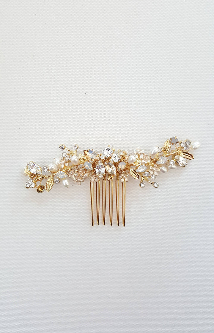 Gold Wedding Hair Comb, Gold White Opal Hair Comb, Wedding Hair Comb, Bridal Hair Pin, Pearl White Opal Bridal Hair Accessory - 18kt gold plated comb, metal leaves, freshwater pearls, rhinestones, metal components, wire