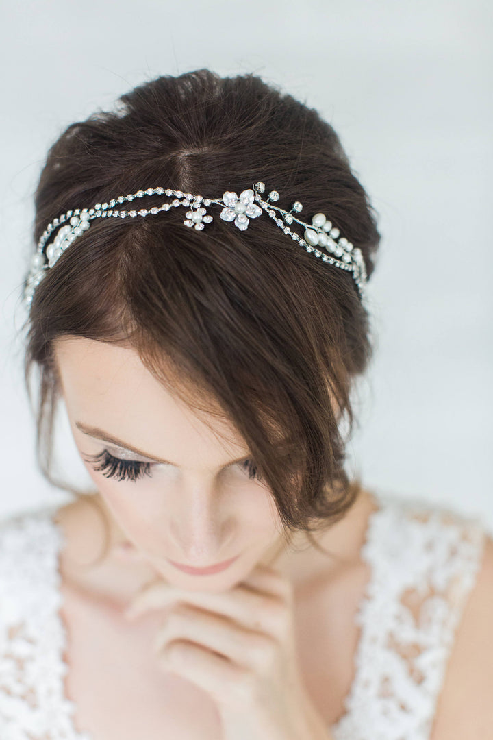 Wedding Pearl Hair Vine, Pearl Bridal Headpiece, Silver Crystal Bridal Hairpiece, Ribbon Wire Headband, Crystal Bridal Hair Vine - wire, crystal rhinestones, double sided ribbon, faux pearls, metal flowers