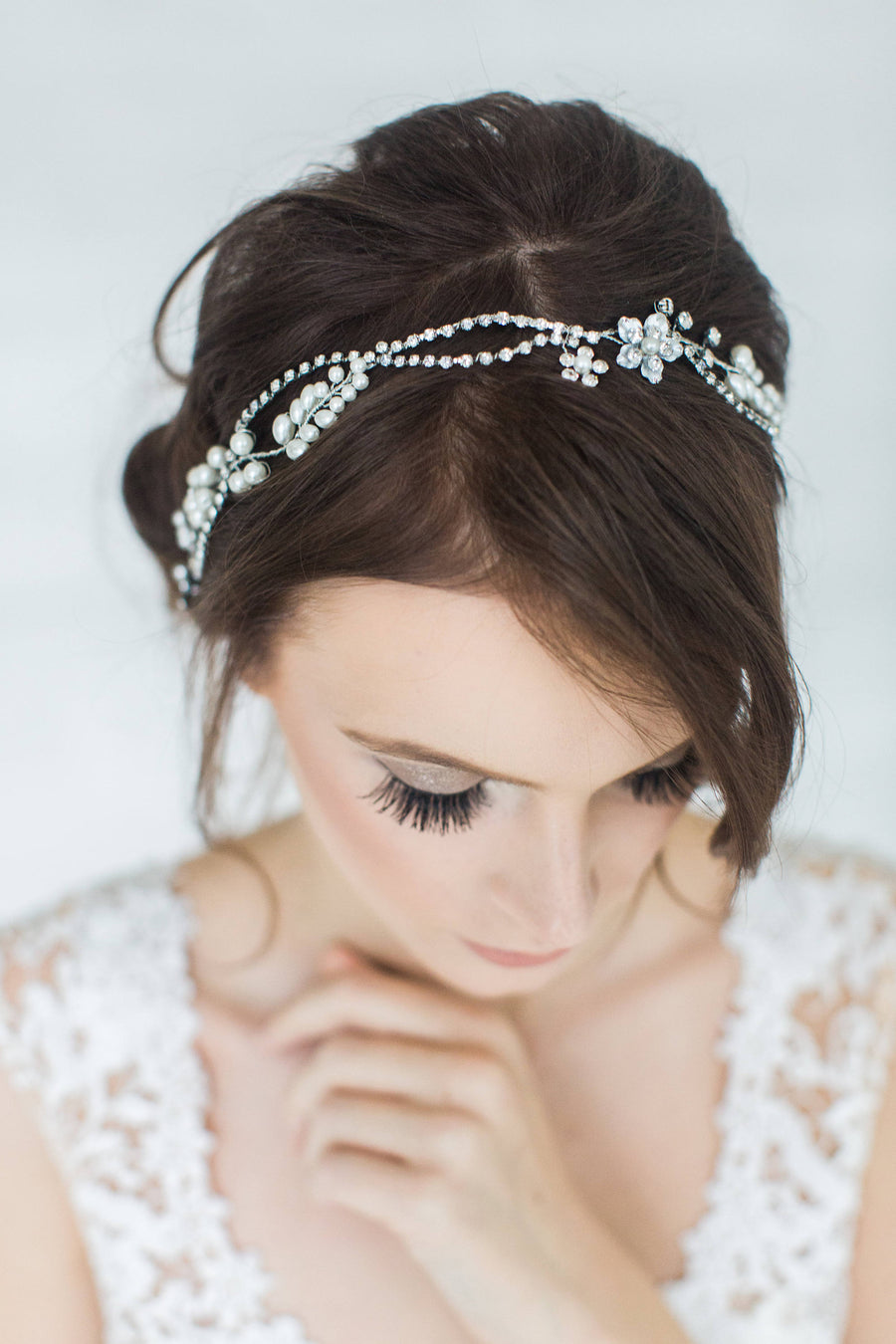 Wedding Pearl Hair Vine, Pearl Bridal Headpiece, Silver Crystal Bridal Hairpiece, Ribbon Wire Headband, Crystal Bridal Hair Vine - wire, crystal rhinestones, double sided ribbon, faux pearls, metal flowers