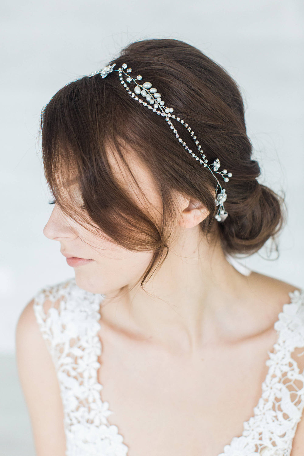 Wedding Pearl Hair Vine, Pearl Bridal Headpiece, Silver Crystal Bridal Hairpiece, Ribbon Wire Headband, Crystal Bridal Hair Vine - wire, crystal rhinestones, double sided ribbon, faux pearls, metal flowers