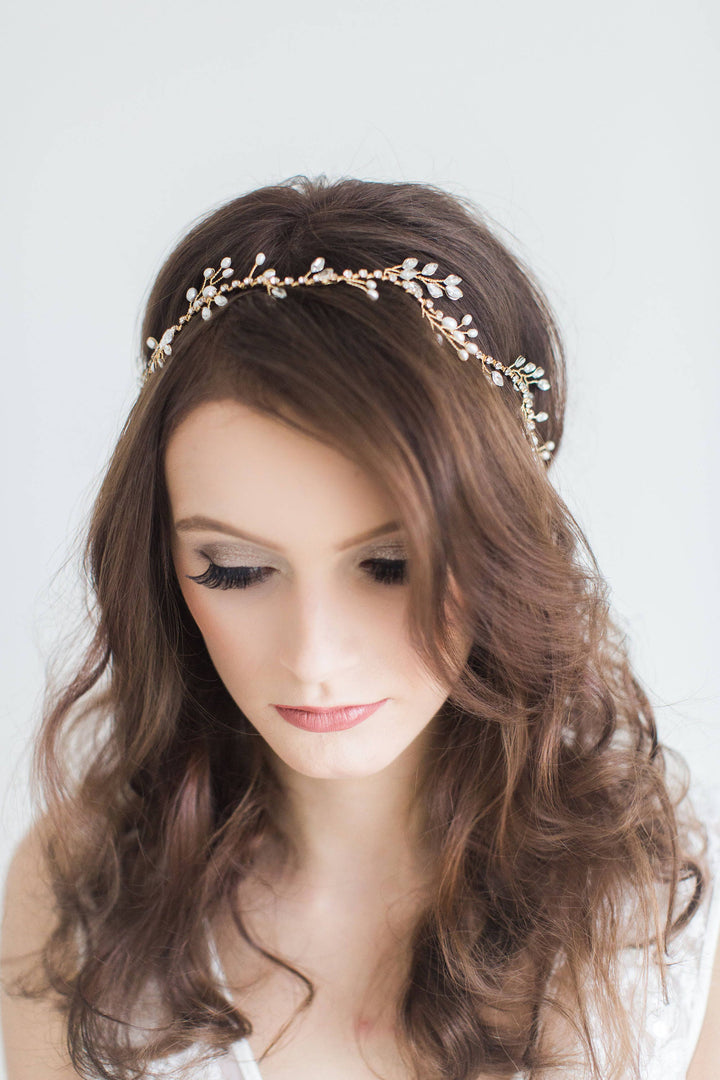 Pearl Wedding Hair Vine, Boho Bridal Headpiece, Freshwater Pearl Headband, Gold Hairpiece For Bride, Pearl Crystal Hair Vine - wire, crystal rhinestones, double sided ribbon, freshwater pearls