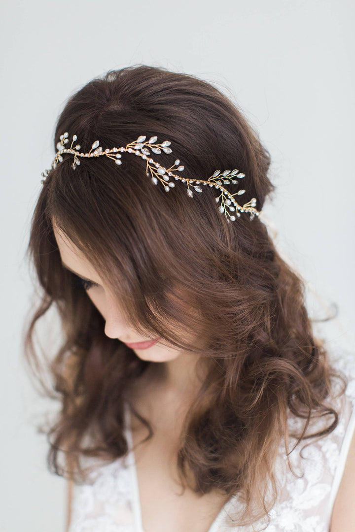 Pearl Wedding Hair Vine, Boho Bridal Headpiece, Freshwater Pearl Headband, Gold Hairpiece For Bride, Pearl Crystal Hair Vine - wire, crystal rhinestones, double sided ribbon, freshwater pearls