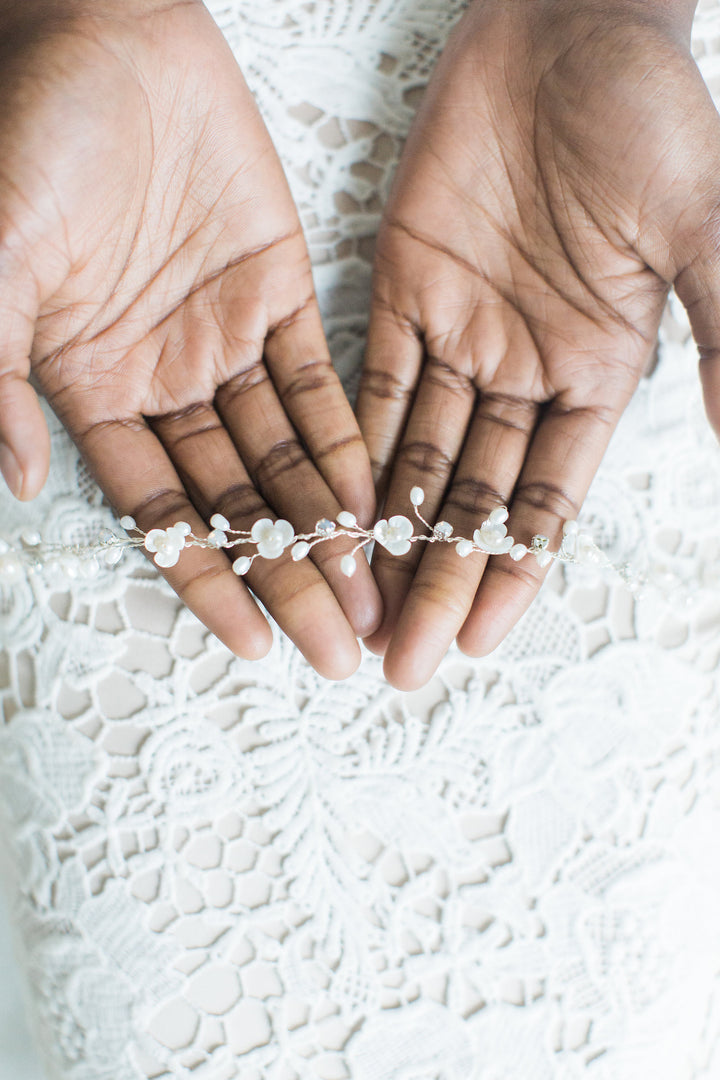 Pearl Wedding Hair Vine, Bridal Headpiece, Bridal Hairpiece, Bridal Headband, Wedding Hairpiece, Wired Pearl Hair Vine - wire, crystal rhinestones, freshwater pearls, mother of pearl flowers, double sided ribbon