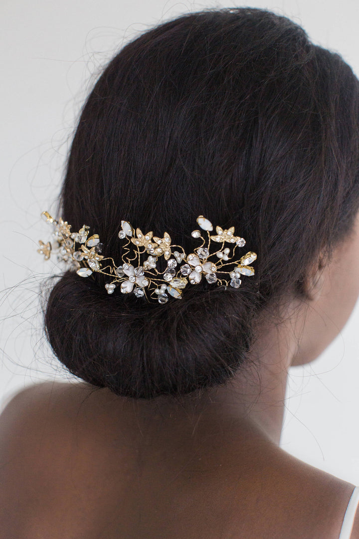 Gold Wedding Hair Pins, Floral Bridal Hair Pins, White Opal Crystals & Pearl Hair Pins For Bride, Crystal Bridal Hair Pins - metal hair pin, wire, metal leaves, rhinestones, freshwater pearls, crystals