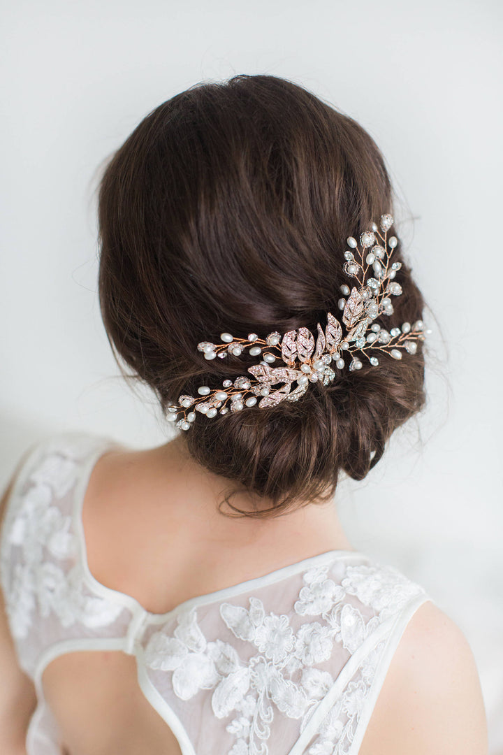 Rose Gold Wedding Hair Comb, Rose Gold Wedding Hairpiece, Crystal Bridal Comb, Bridal Headpiece, Freshwater Pearl Beaded Hair Comb - crystal rhinestones, metal comb, freshwater pearls, wire, rose gold metal components