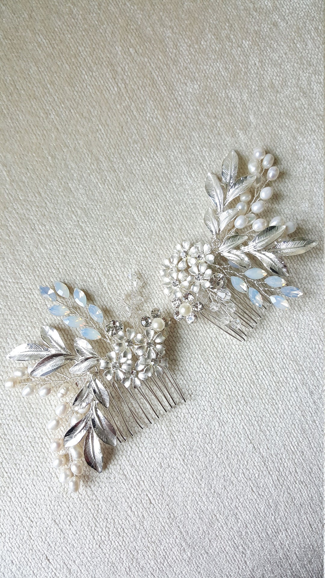 Gold Bridal Hair Comb, Bridal Back Comb, Wedding Silver Headpiece, White Opal Pearl Comb, Freshwater Pearl Hairpiece - wire, metal comb, metal leaves, freshwater pearls, crystals, rhinestones