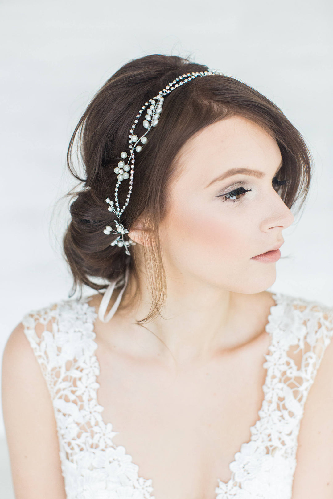 Wedding Pearl Hair Vine, Pearl Bridal Headpiece, Silver Crystal Bridal Hairpiece, Ribbon Wire Headband, Crystal Bridal Hair Vine - wire, crystal rhinestones, double sided ribbon, faux pearls, metal flowers