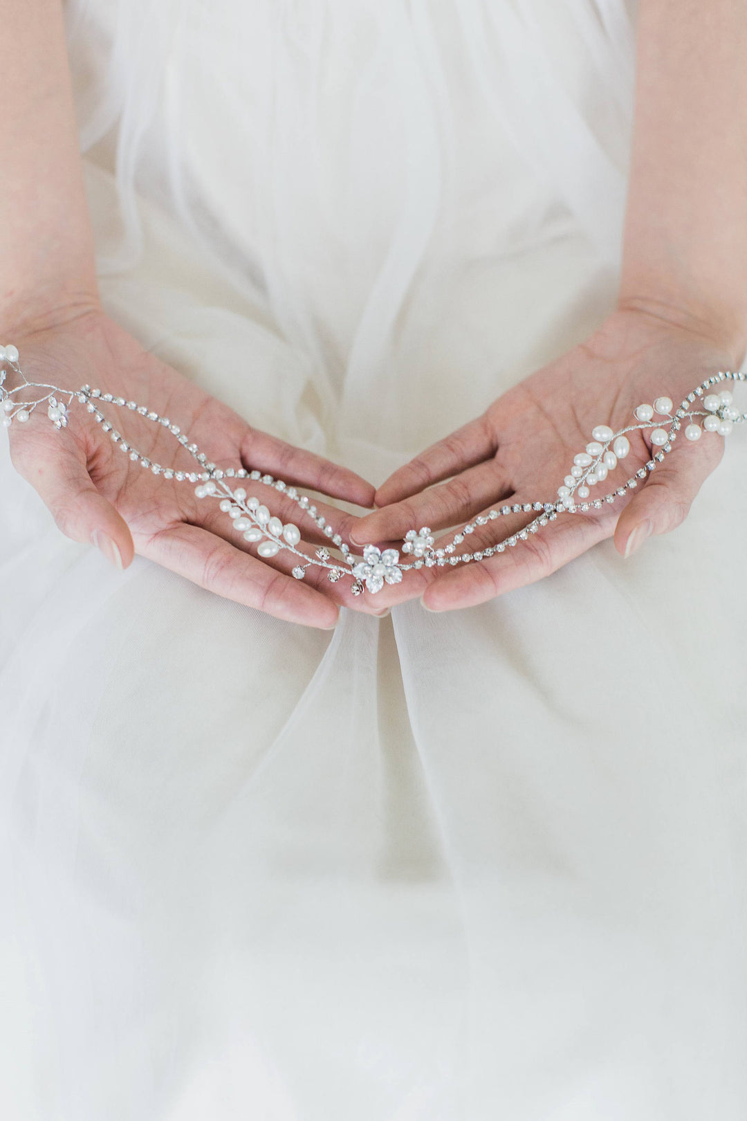 Wedding Pearl Hair Vine, Pearl Bridal Headpiece, Silver Crystal Bridal Hairpiece, Ribbon Wire Headband, Crystal Bridal Hair Vine - wire, crystal rhinestones, double sided ribbon, faux pearls, metal flowers