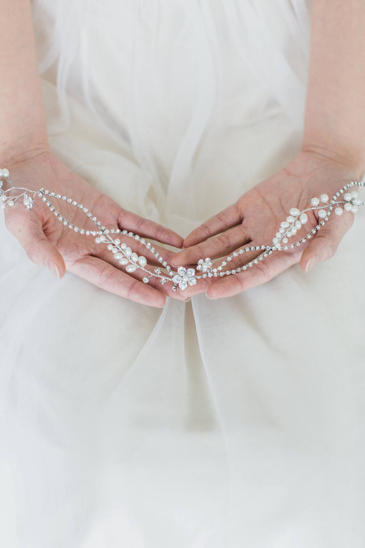 Wedding Pearl Hair Vine, Pearl Bridal Headpiece, Silver Crystal Bridal Hairpiece, Ribbon Wire Headband, Crystal Bridal Hair Vine - wire, crystal rhinestones, double sided ribbon, faux pearls, metal flowers