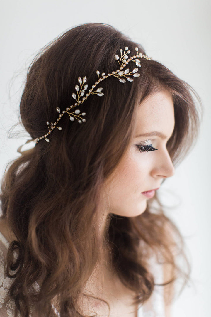 Pearl Wedding Hair Vine, Boho Bridal Headpiece, Freshwater Pearl Headband, Gold Hairpiece For Bride, Pearl Crystal Hair Vine - wire, crystal rhinestones, double sided ribbon, freshwater pearls