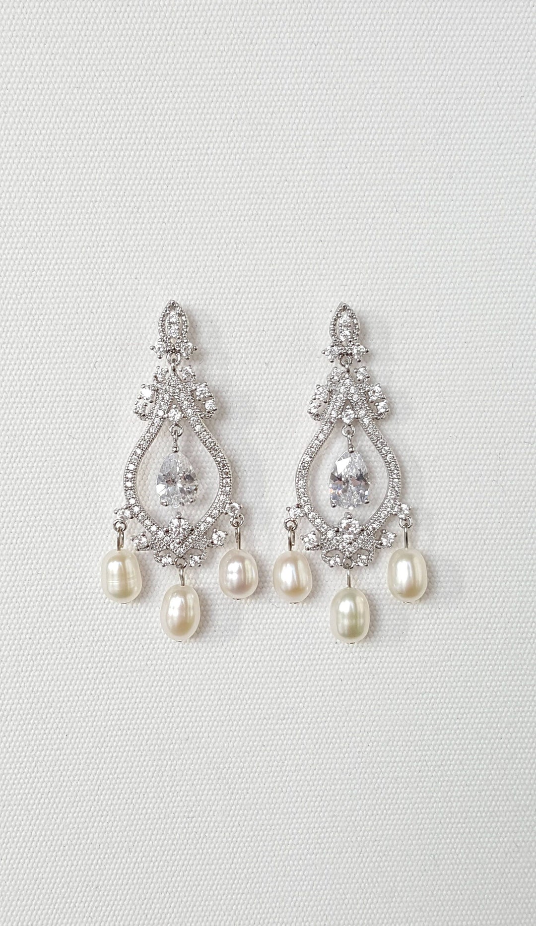 Cubic Zirconia Wedding Earrings, Pearl Drop Bridal Earrings, Chandelier Bridal Earrings, Brides Pearl Earrings, Wedding Jewelry - metal findings, cubic zirconia, freshwater pearls