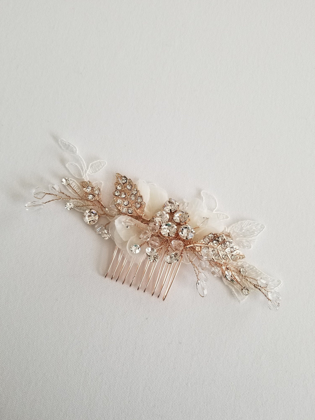 Bridal Hair Comb, Silk Flower Wedding Hair Comb, Lace & Crystal Floral Hair Comb, Bohemian Bridal Comb - crystals, rhinestones, wire, metal comb, metal leaves, corded lace