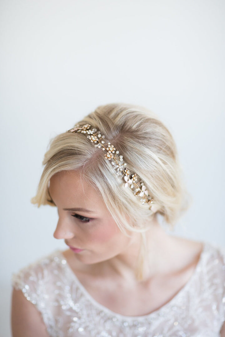 Bridal Hair Vine, Gold Floral Headpiece, Wedding Hair Vine, Boho Wedding Headpiece, Wedding Gold Headband - double faced ribbon, freshwater pearls, rhinestones, wire, metal components, crystals, faux pearls