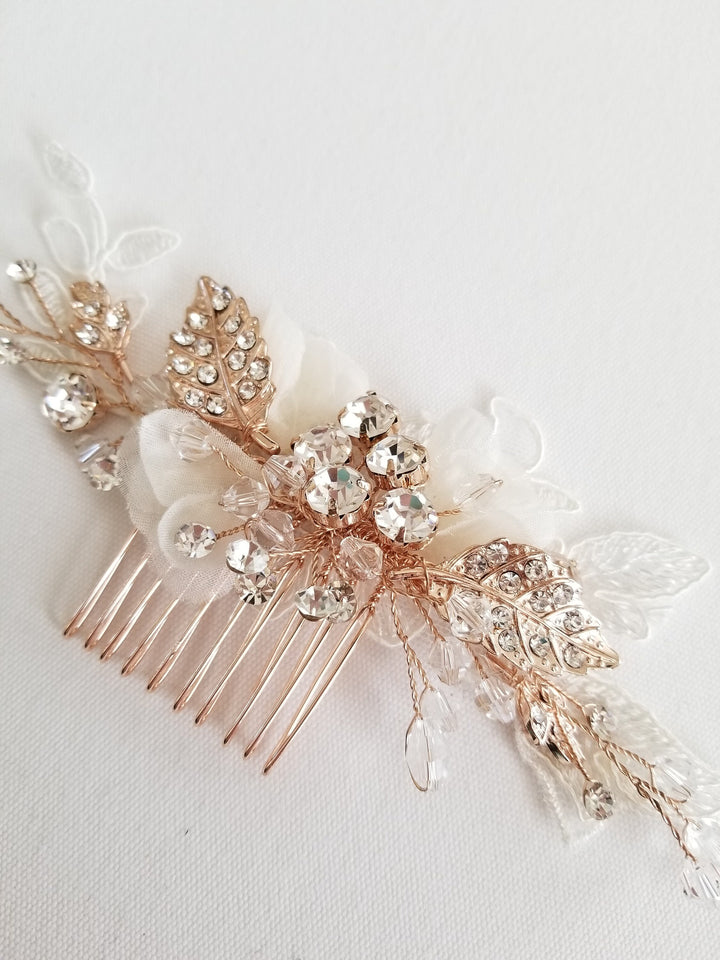 Bridal Hair Comb, Silk Flower Wedding Hair Comb, Lace & Crystal Floral Hair Comb, Bohemian Bridal Comb - crystals, rhinestones, wire, metal comb, metal leaves, corded lace