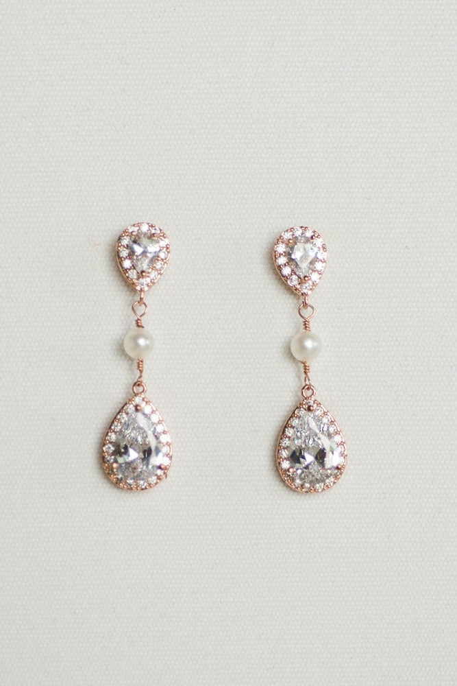 Rose Gold Bridal Jewelry Set, CZ Bridal Earrings, Wedding Jewelry, Bridal Necklace & Earrings - cubic zirconia stones, base metal chain, freshwater pearls