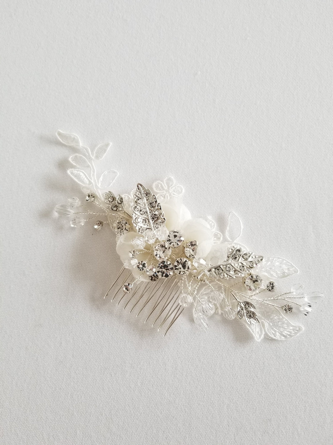 Bridal Hair Comb, Silk Flower Wedding Hair Comb, Lace & Crystal Floral Hair Comb, Bohemian Bridal Comb - crystals, rhinestones, wire, metal comb, metal leaves, corded lace