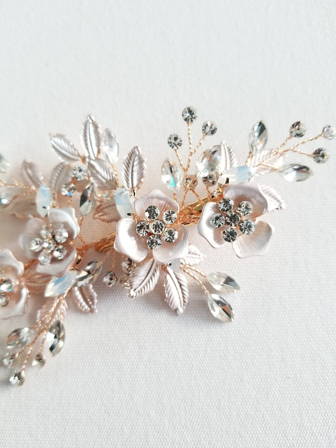 Rose Gold Wedding Hair Clip, Bridal Hair Comb White Opal, Rose Gold Wedding Hair Clip - wire, crystal, alligator clip, metal leaves, metal flowers, metal comb