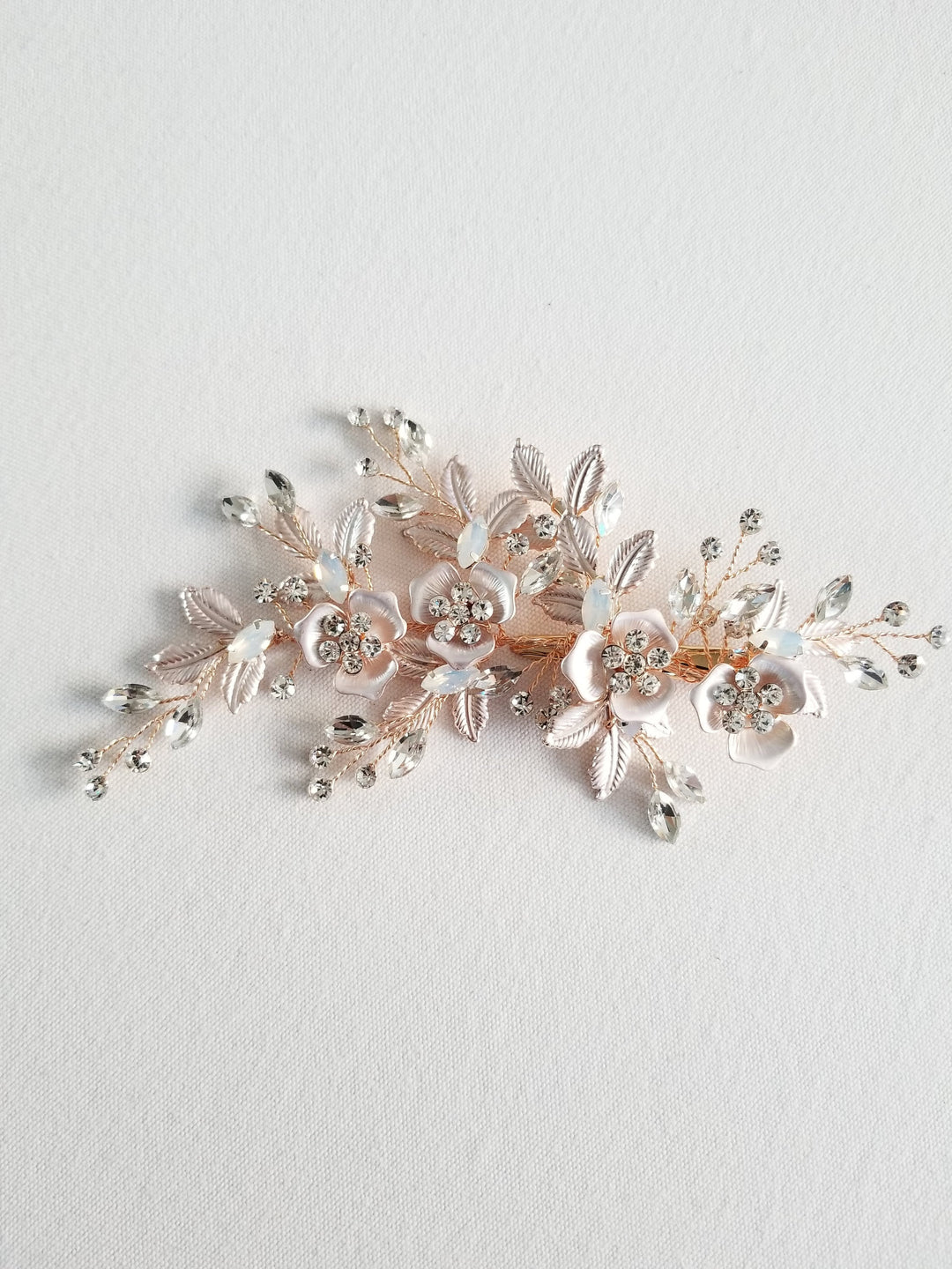 Rose Gold Wedding Hair Clip, Bridal Hair Comb White Opal, Rose Gold Wedding Hair Clip - wire, crystal, alligator clip, metal leaves, metal flowers, metal comb