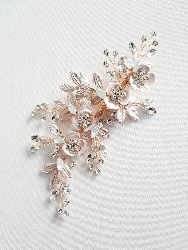 Rose Gold Wedding Hair Clip, Bridal Hair Comb White Opal, Rose Gold Wedding Hair Clip - wire, crystal, alligator clip, metal leaves, metal flowers, metal comb