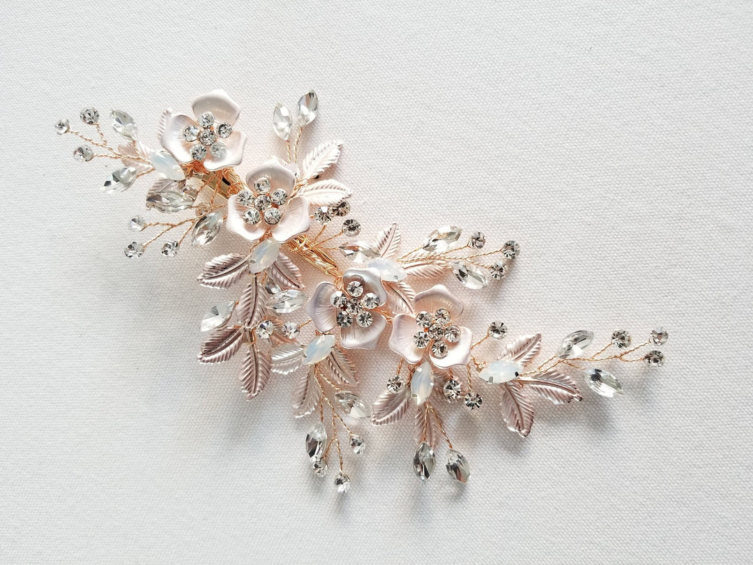 Rose Gold Wedding Hair Clip, Bridal Hair Comb White Opal, Rose Gold Wedding Hair Clip - wire, crystal, alligator clip, metal leaves, metal flowers, metal comb