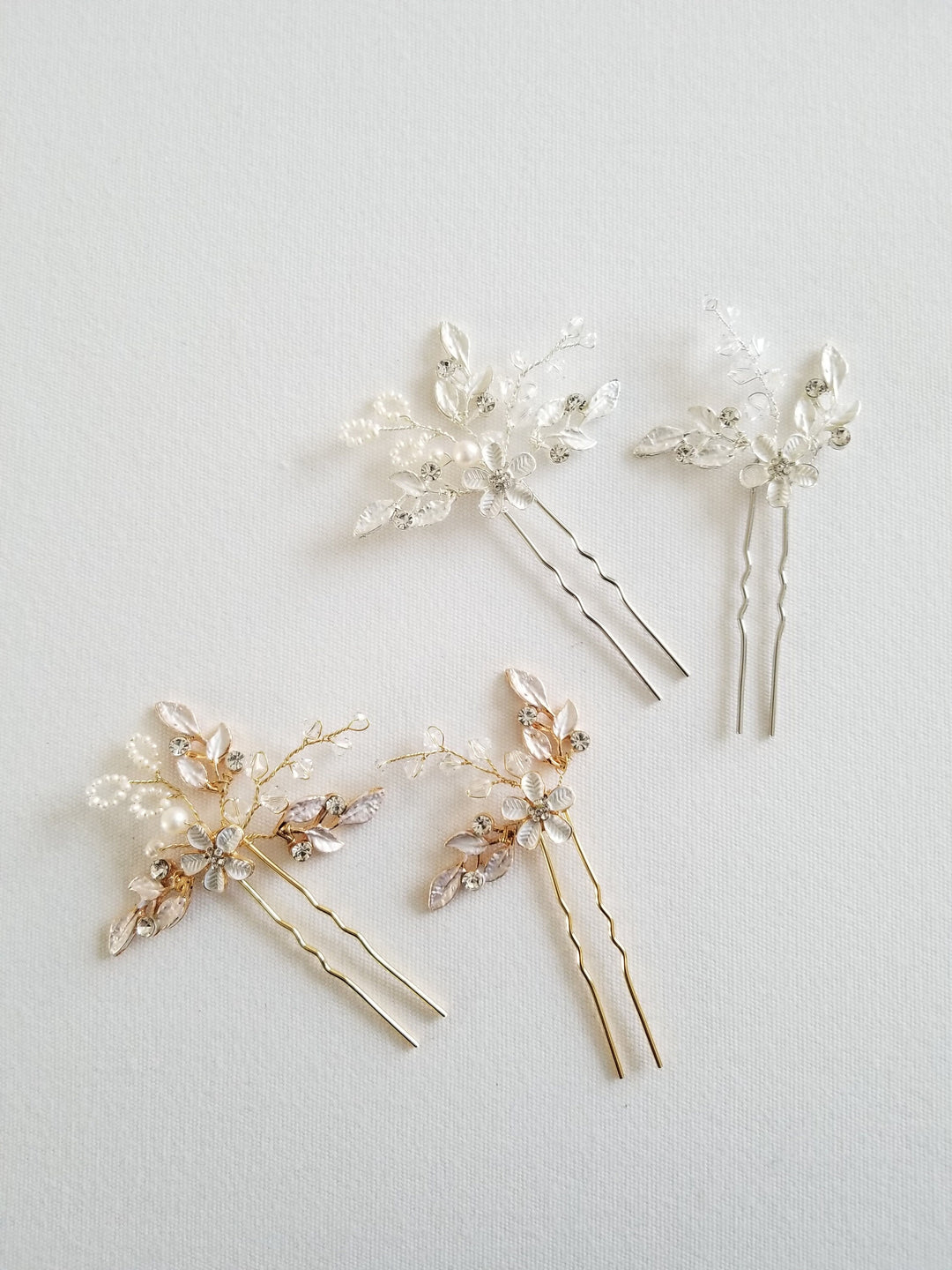 Wedding Hair Pins, Bridal Pearl Hair Pins, Crystal Pearl Hair Pins For Bride, Floral Bridal Hair Pin Set - freshwater pearls, metal hair pins, Swarovski crystals, rhinestones, metal leaves, metal flower, wire